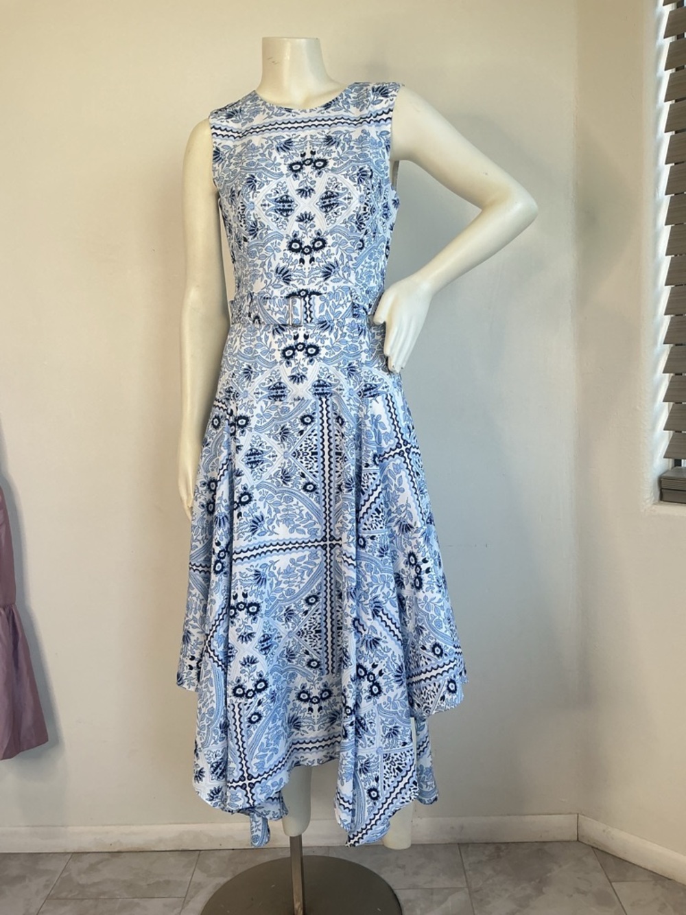 Calvin Klein NWT Blue White Porcelain Midi Dress Size 6 Fit & Flare Coastal Chic